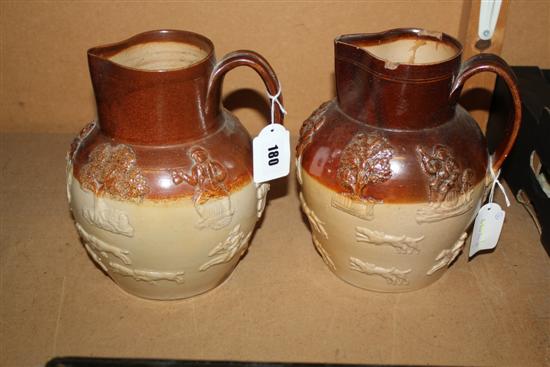 Two large salt-glazed stoneware hunting jugs, poss J. Stiff & Sons (one a.f)